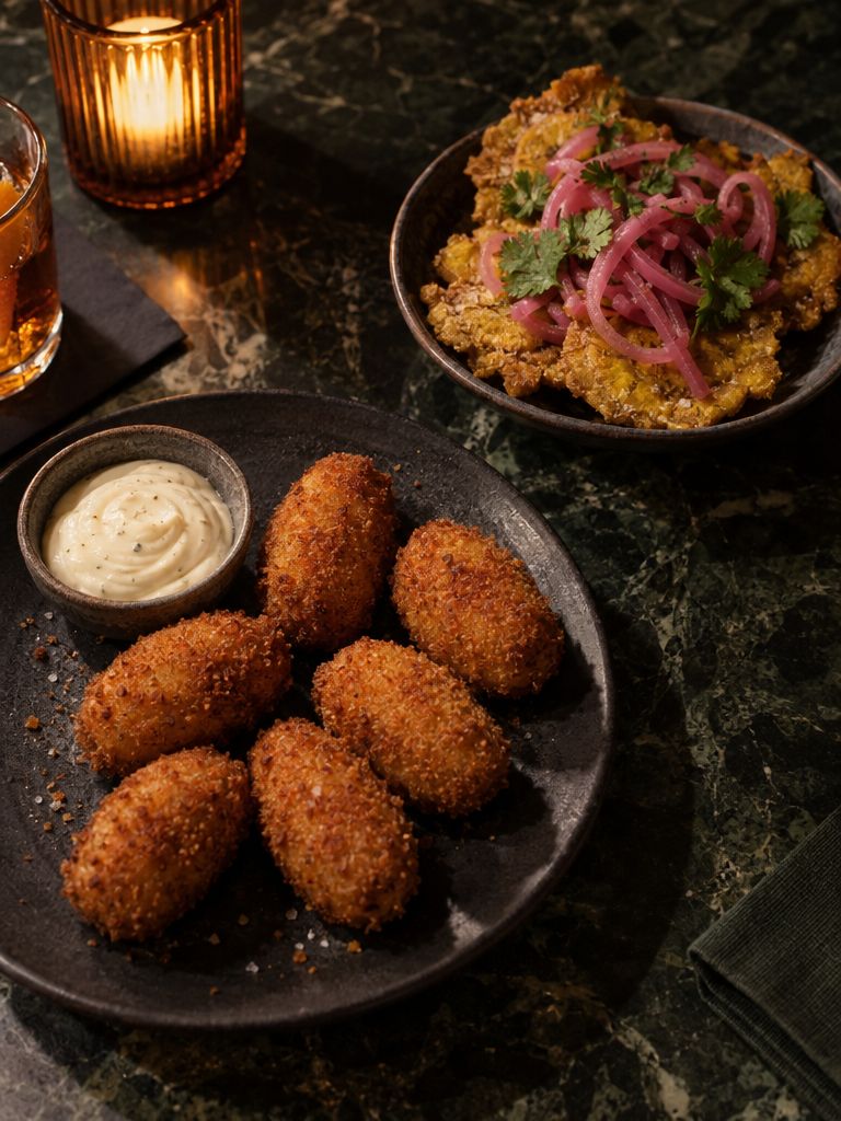 Croquetas with aioli and tostones with pickled onion