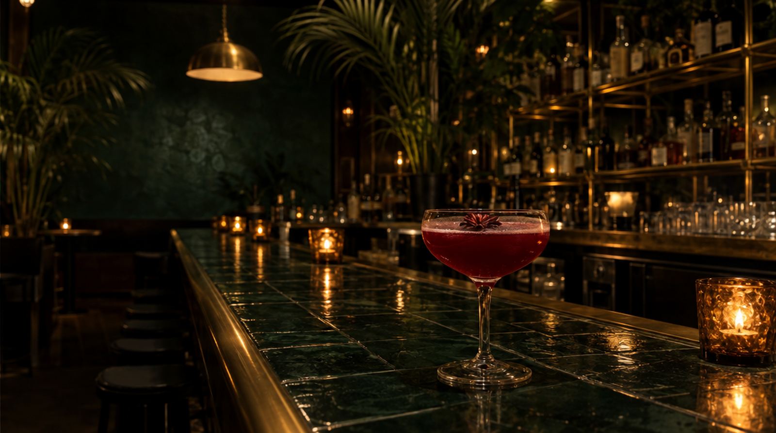 A magenta hibiscus cocktail on a green-tiled bar lit by candles