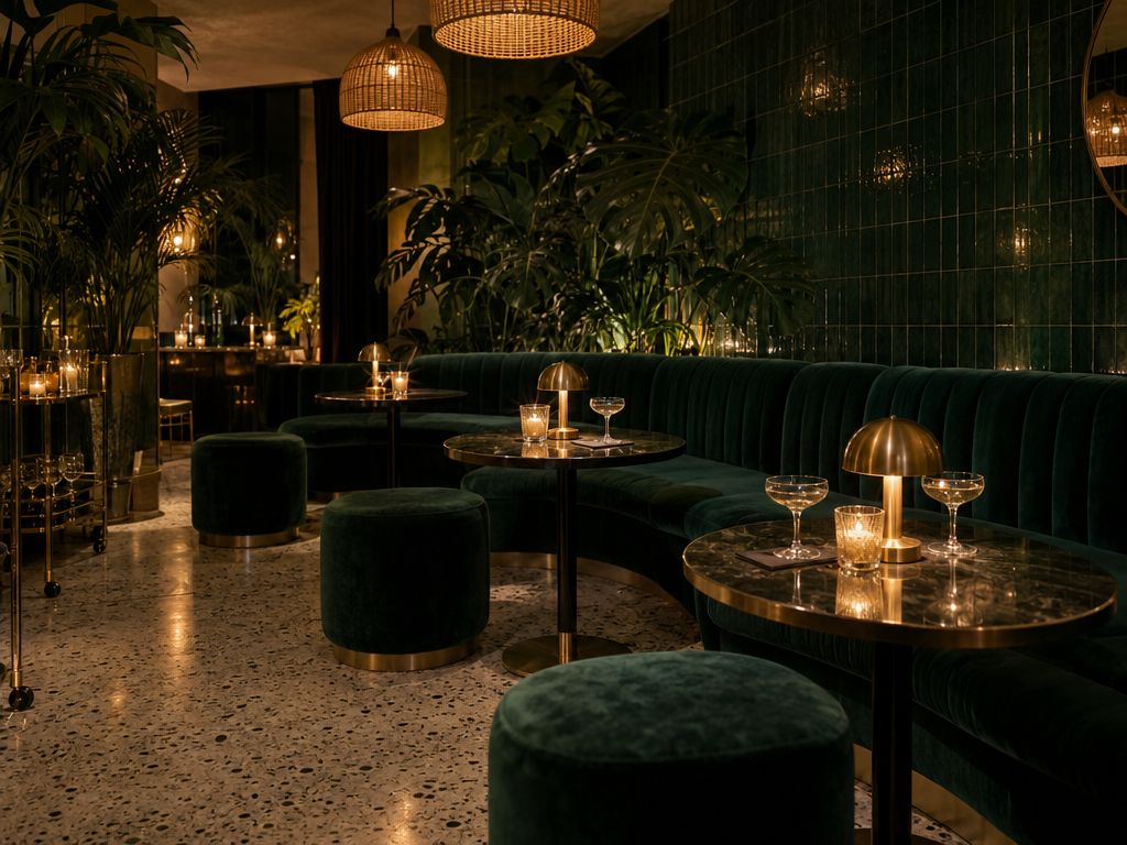 The Jardín Room: an emerald velvet banquette, brass lamps and palms