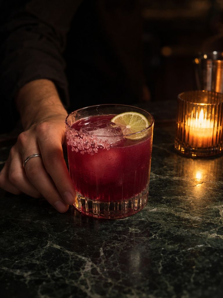 Hibiscus margarita with a pink salt rim on a marble bar