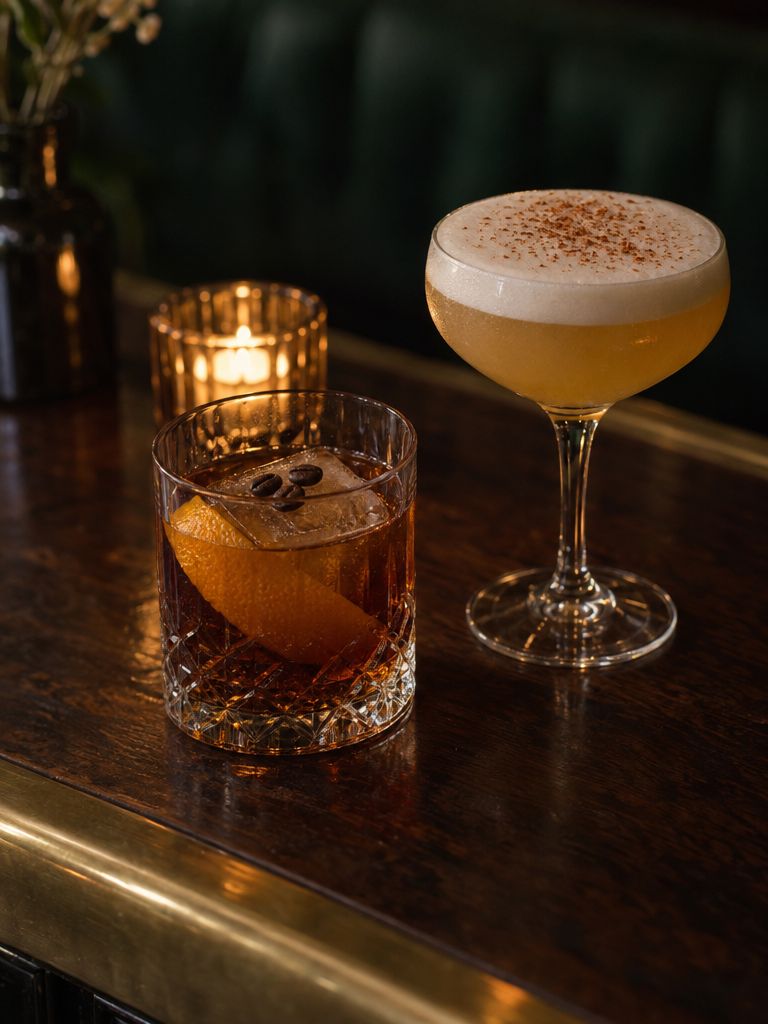 Coffee old fashioned and a guava mezcal sour by candlelight