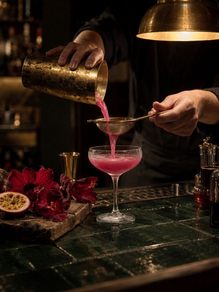 Bartender straining a pink cocktail from a brass shaker into a coupe